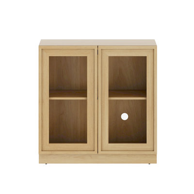 Modern Accent Cabinet with 2 Glass Doors and Drawer, Multifunctional Accent Chest with Large Storage and Adjustable Shelf