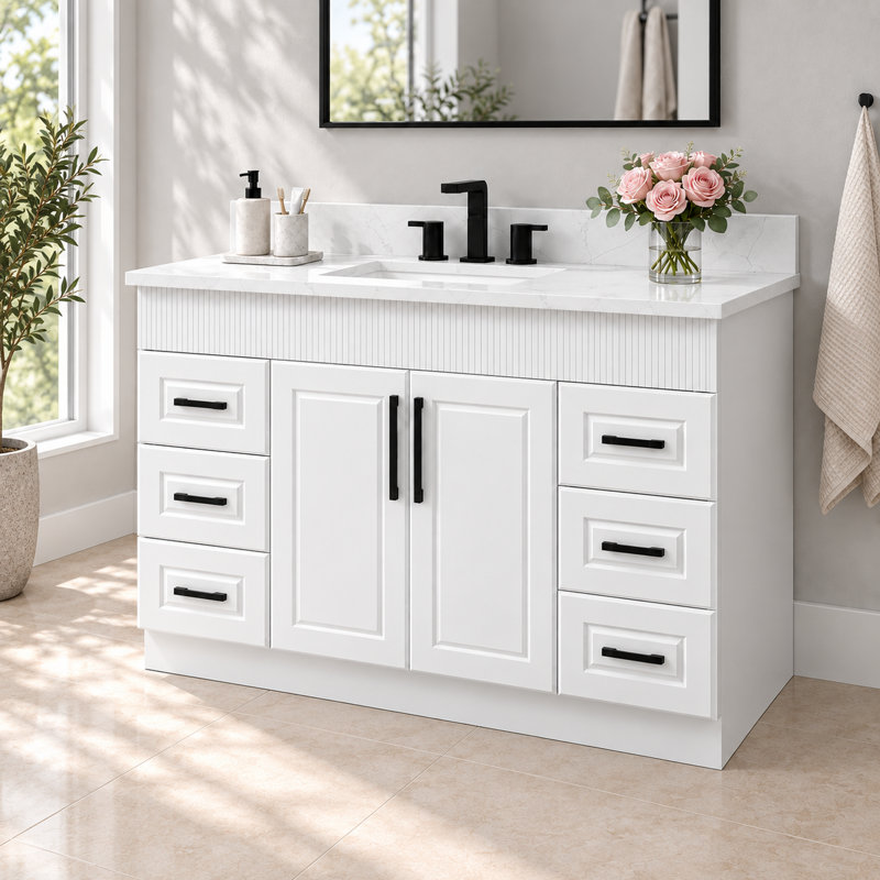 Meuble-lavabo rustique 48 po avec lavabo, comptoir en quartz, dosseret