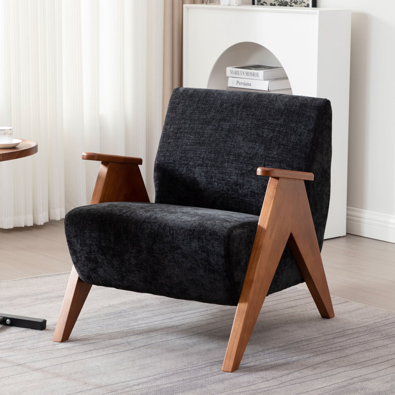 Kyajah Chenille Upholstered Accent Armchair with Solid Wood Arms and Legs, Black Chenille
