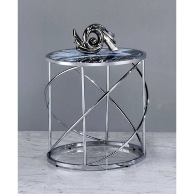Table de bout tendance en marbre bleu avec base en métal robuste et surface en verre brillant de 22 po de largeur