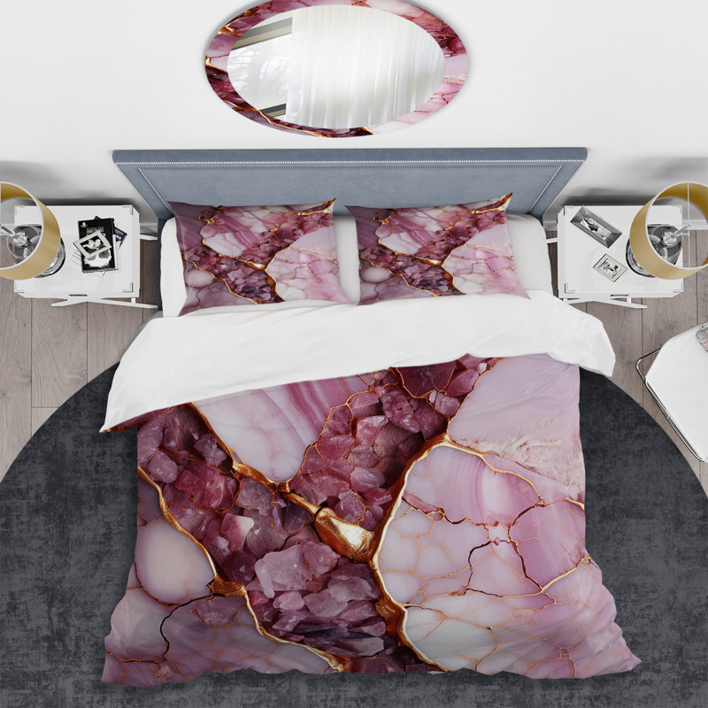 Ensemble de housse de couette abstrait rose et doré Marble River III - Abstract, Housse de couette pour grand lit