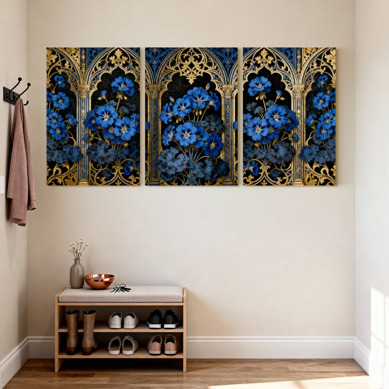 Plantes et fleurs, fleurs bleues, arche dorée, ensemble de 3 impressions sur toile, H 18 po x l 12 po