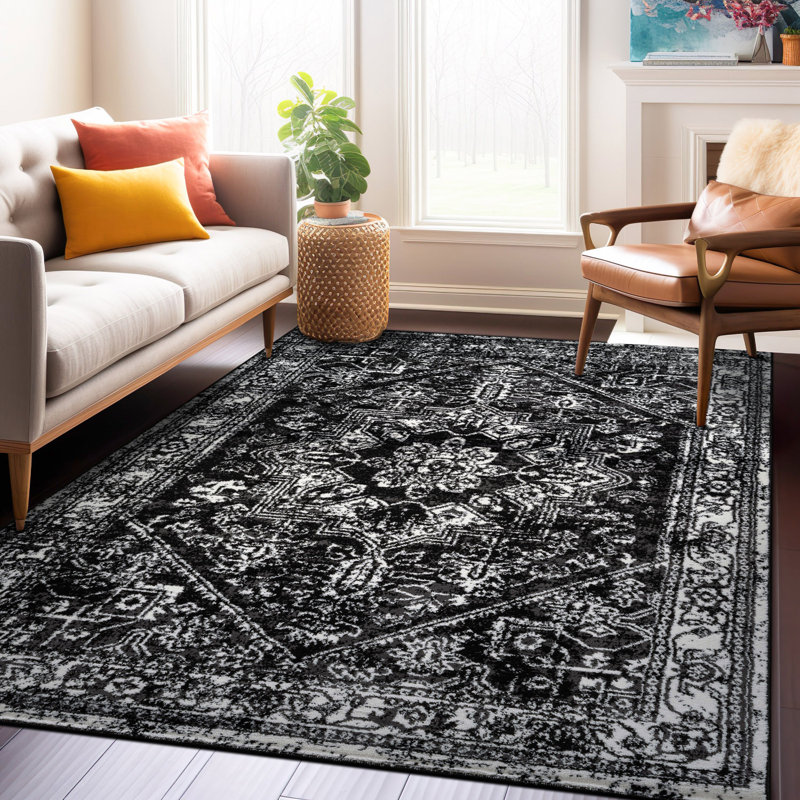 Tapis noir ivoire rétro à médaillon, Rectangle 5 pi x 7 pi