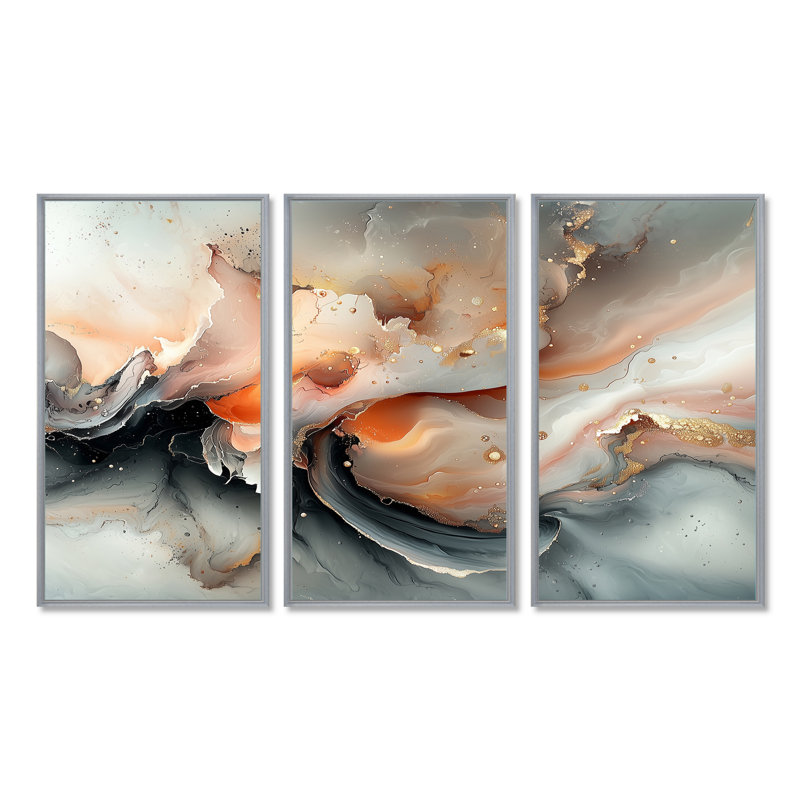 «Abstract Geode Grey Marble River Shape I», ensemble d'art mural mural en marbre, Toile avec cadre flottant or