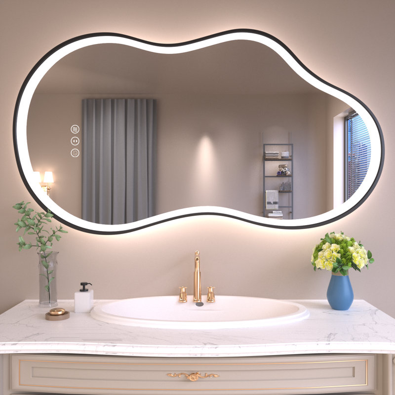 Irregular Aluminum Framed Anti-Fog 3-Colors Dimmable LED Light Wall Bathroom Vanity Mirror with Memory, Black, 26" x 46"