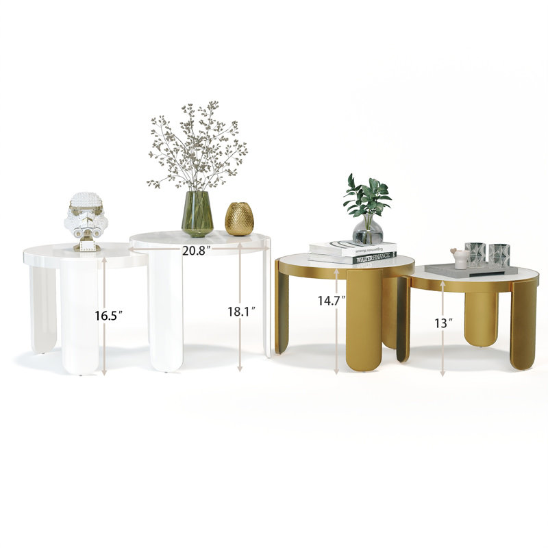 Brass 4 In 1 Self-Defined Nesting Round Coffee Table/End Table, White/Brass