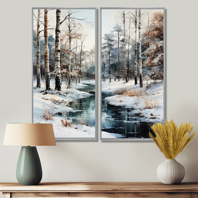 Rivière en forêt, paysage d'hiver - grande forêt, art mural 2 panneaux