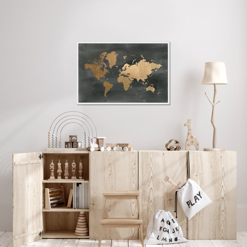Gold World Map On Black Wash by Jennifer Goldberger - Print, 65cm H x 95cm W, White Framed Paper Print