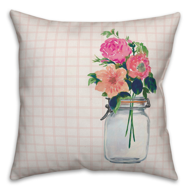 Coussin décoratif fleurs en pot Mason, H 16 po x l 16 po
