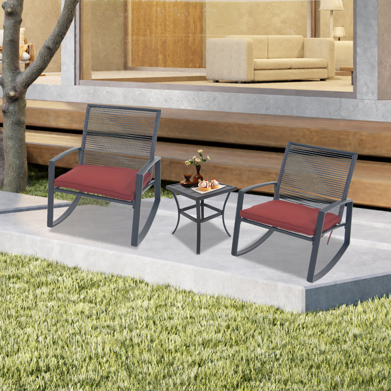 2-person Outdoor Patio Bistro Metal Rocking Conversation Set With Table, Red