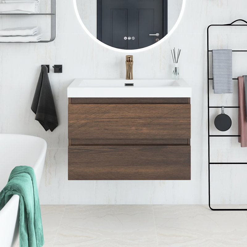 Meuble-lavabo mural simple 30 po avec plateau en résine Tarini, Palissandre, Blanc