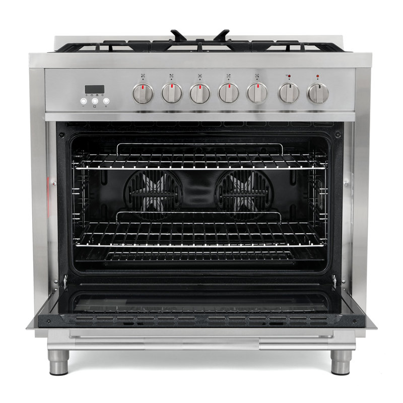 Cosmo 36 po Stellar Collection 4,4 pi³ Cuisinière à double combustible, 5 brûleurs, four à convection, poignée texturée, acier inoxydable