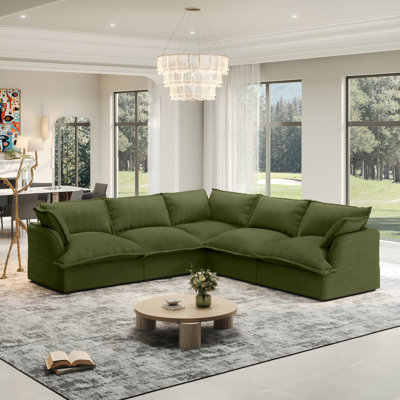 Rino 111.3'' Upholstered Sofa, Cloud Sofa, Modular Sectional Sofa 5 Seat L Shaped Couch for Living Room (White,Grey, Dark Green, Blue)