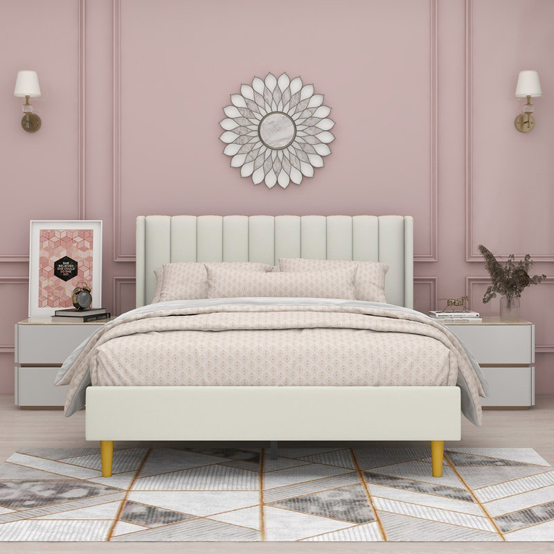 Lit plateforme tapissier avec tête de lit à oreilles Eriksay, Grand, Velours crème