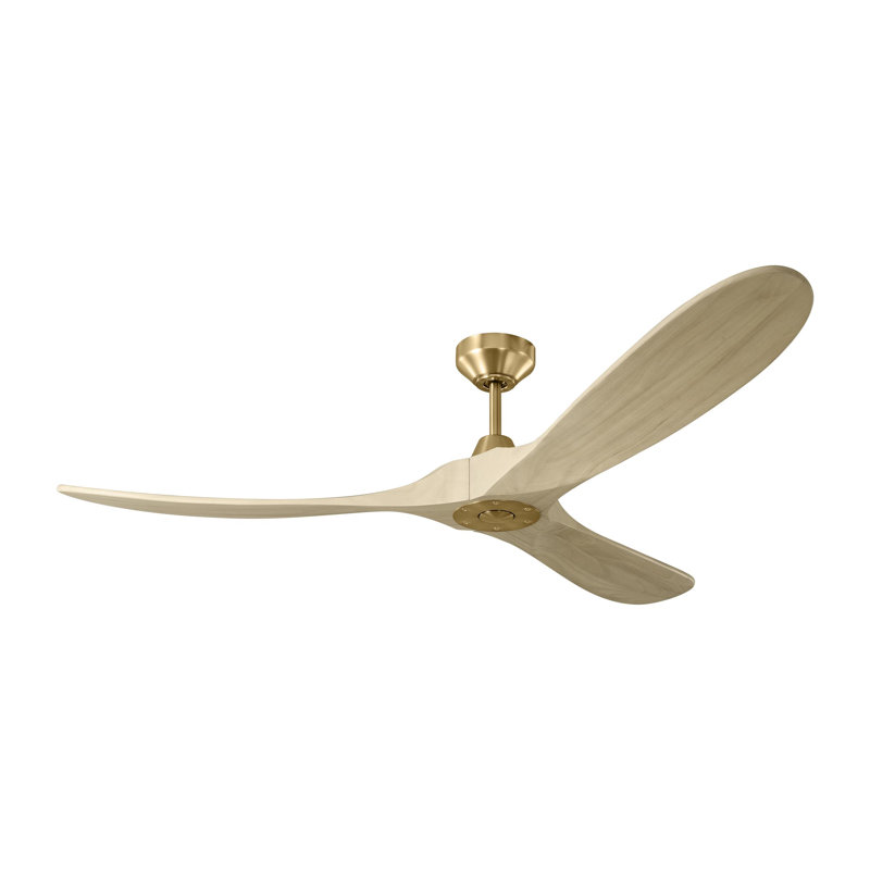 Maverick 60-inch indoor/outdoor smart ceiling fan in burnished brass finish with washed white oak blades, handheld remote control, and compatible with Alexa, Google Home, and Bond Home Action from Visual Comfort Fan