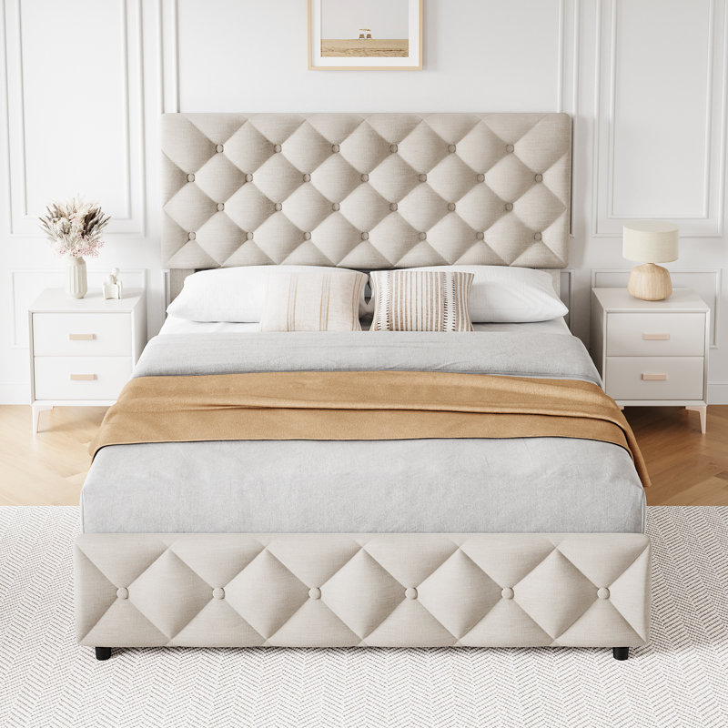 Faux Leather Platform Bed with 4 Storage Drawers, Adjustable Headboard, Diamond Tufted, White, Full/Queen/King Size, Full 