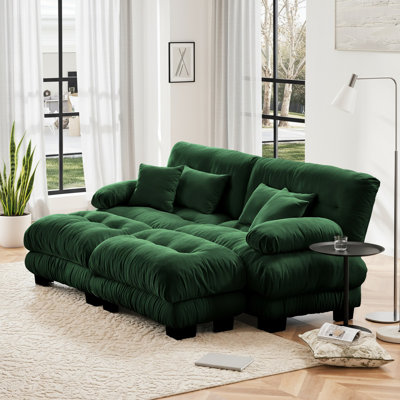 Cloud Couch Sleeper Sofa For Living Room, Chenille 2 Seater Sofa With 2 Lumbar Pillows And 2 Throw Pillows , Upholstered Wide Arm Sofa With 2 Ottomans,Chenille Green