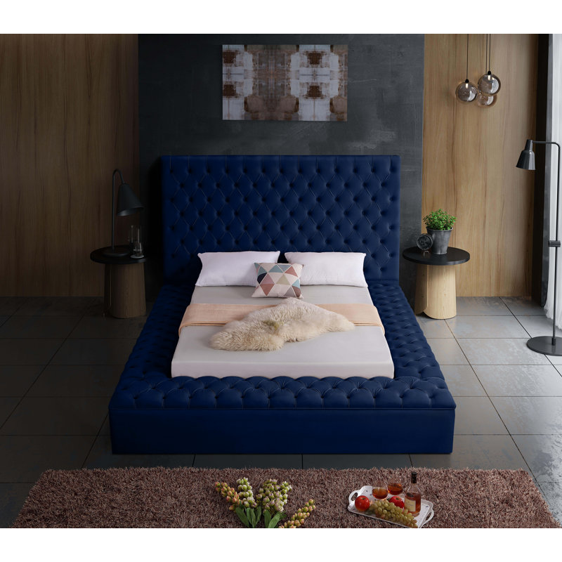 Lit plateforme tapissier avec rangement Johnnay, Grand, Velours marine