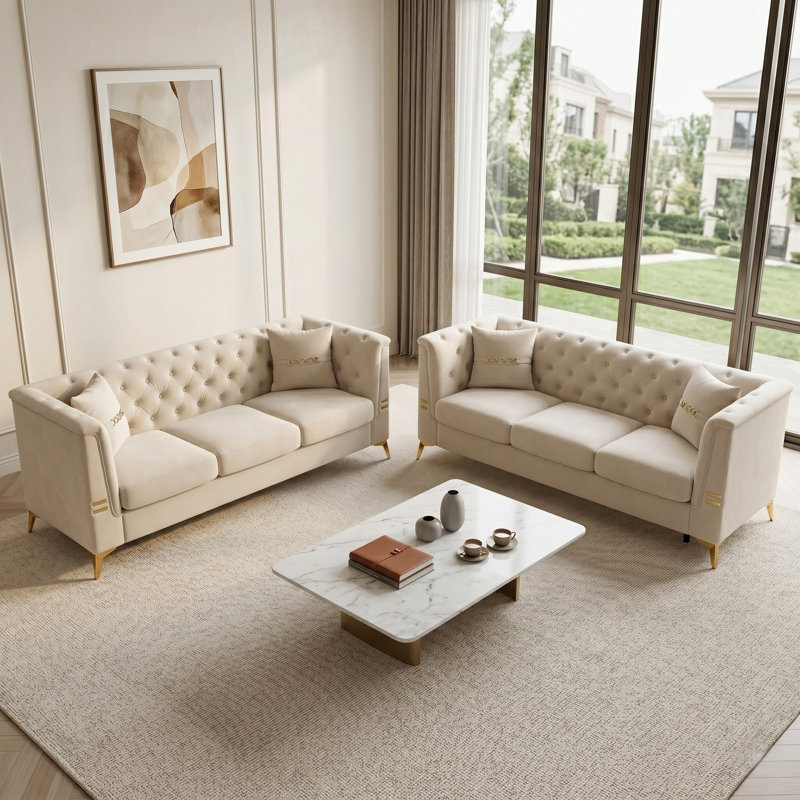 Ensemble de canapé en velours capitonné 2 pièces, canapé Chesterfield de 82 po pour le salon, Cream White Velvet