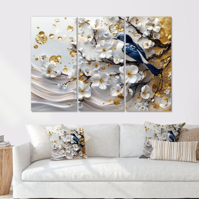 Blue Bird On Orchid Tree Garden - Cherry Blossom Wall Art Print Set