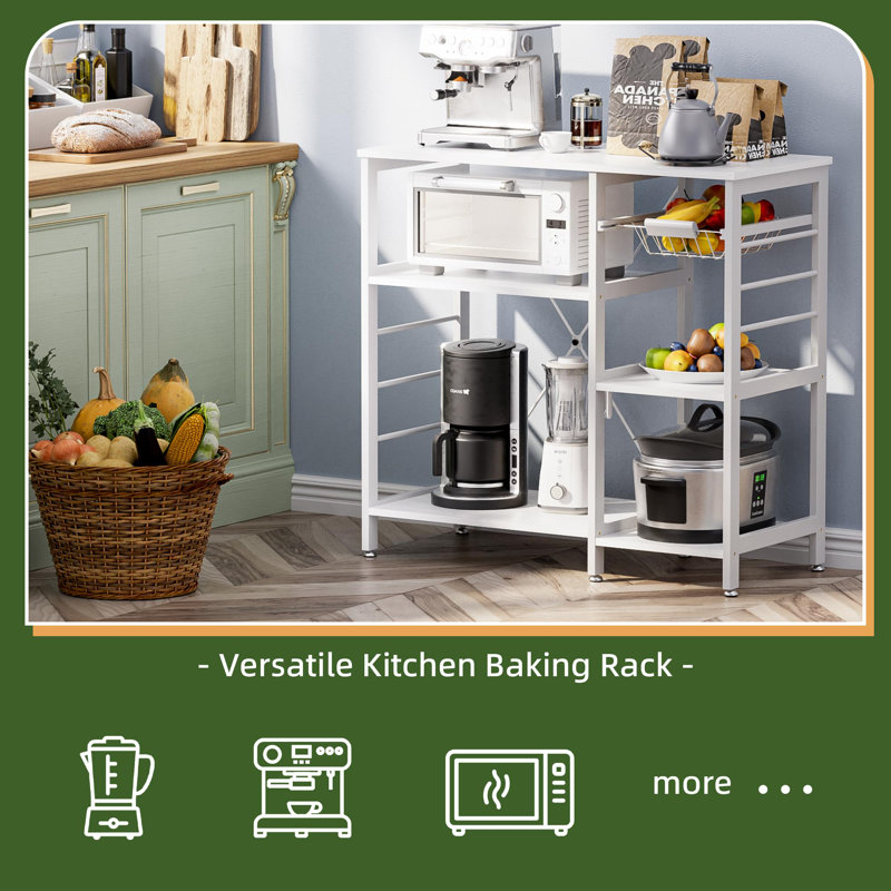 Baker’S Rack, Microwave Oven Stand With Bamboo Frame, Coffee Bar With Wire Basket & Hooks, Kitchen Storage Shelf Stand, White