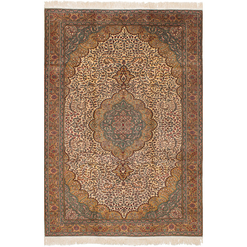 Tapis unique en laine noué à la main beige et brun de style années 1980 de 6 pi 5 po x 9 pi 10 po Hereke Quention