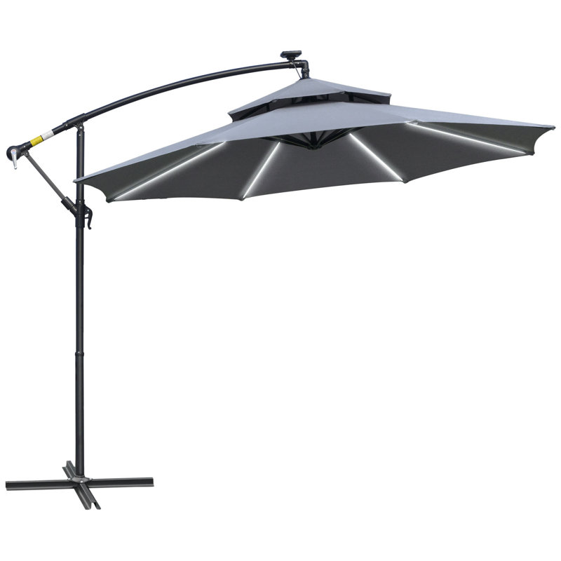 Parasol de patio à énergie solaire avec manivelle et base, gris