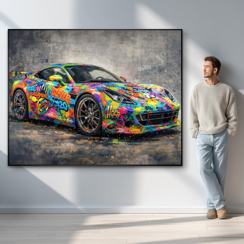 Très grand art mural imprimé sur toile - Voiture de course bleue colorée, décor de salle de jeu urbain - "Assemblage requis (cadre non fini)"