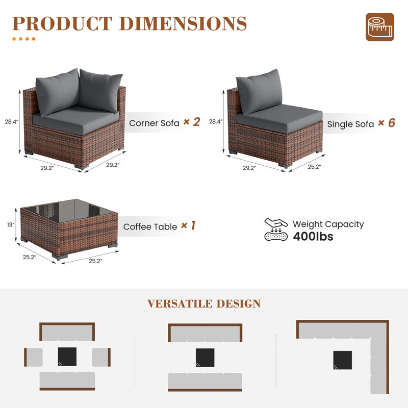 Ensemble de conversation pour 8 personnes, Gris