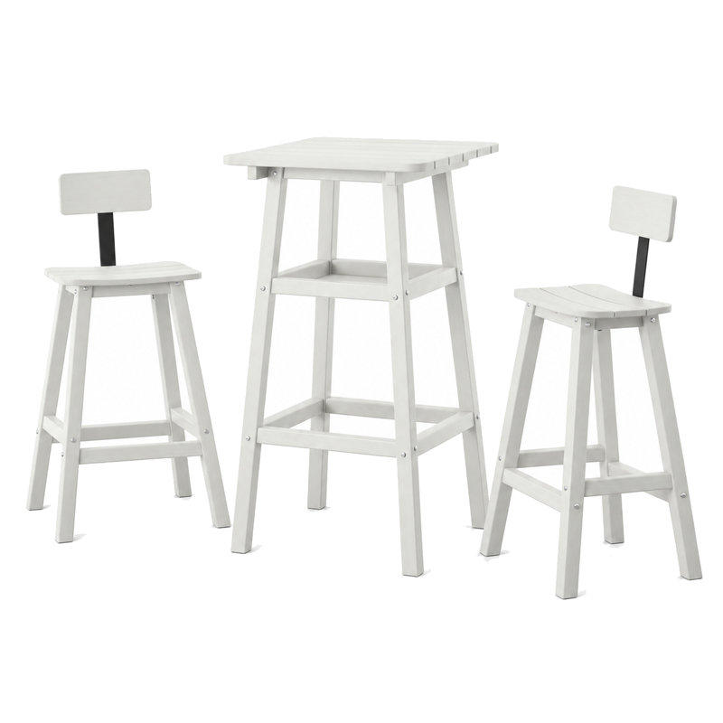 Ensemble de table de bar avec 2 tabourets, table haute carrée de 107 cm (42 pouces), aspect bois texturé blanc, tabourets avec dossier et repose-pieds, gain de place pour terrasse, jardin ou balcon.