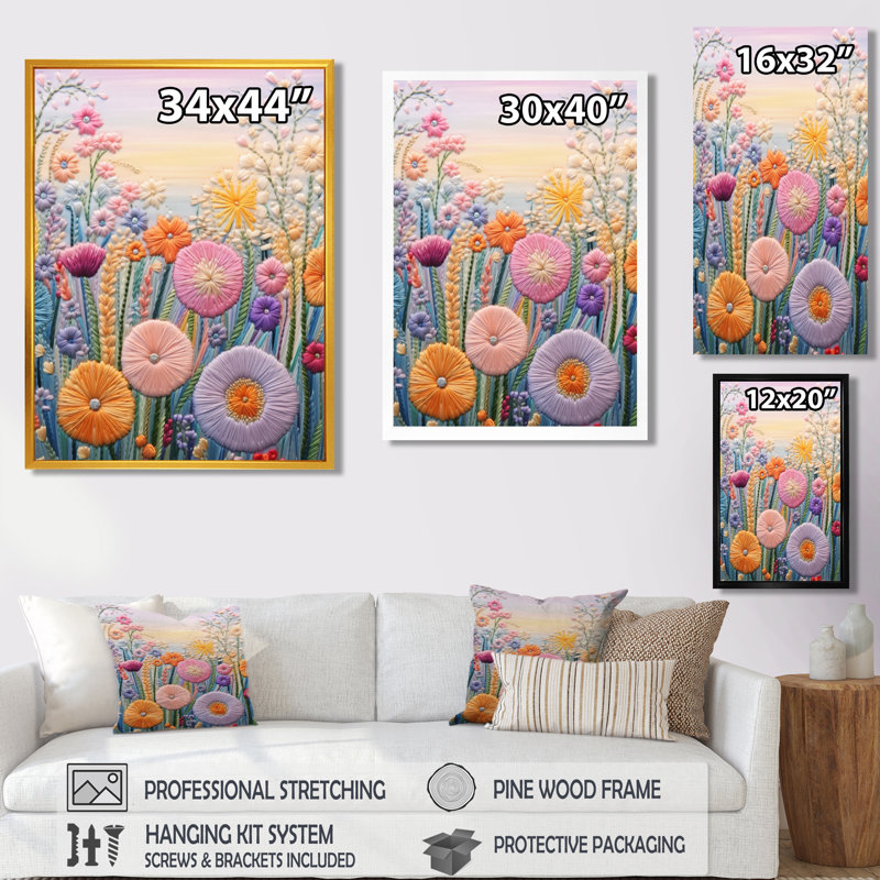 Broderie de fleurs pastel printanier II - fleurs sauvages dans le salon, Toile tendue, H 44 po x l 34 po x P 1,5 po