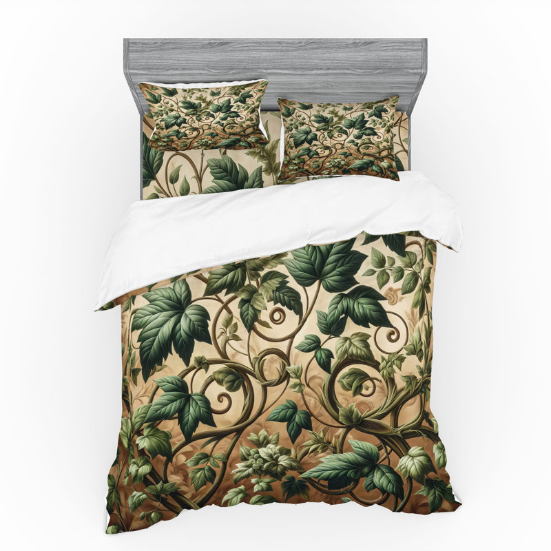 Ensemble de literie à motif de feuilles Ambesonne et brun pâle vert forêt, Housse de couette très grand lit californien + 3