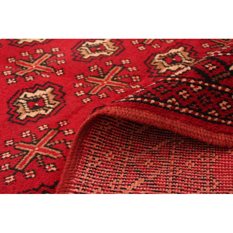 Tapis décoratif en laine rouge de conception unique 5 pi 1 po x 9 pi 4 po noué à la main 1980s