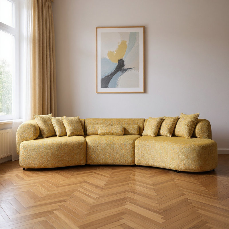 Canapé modulaire courbé moutarde à trois pièces avec coussins décoratifs Mustard Boucle