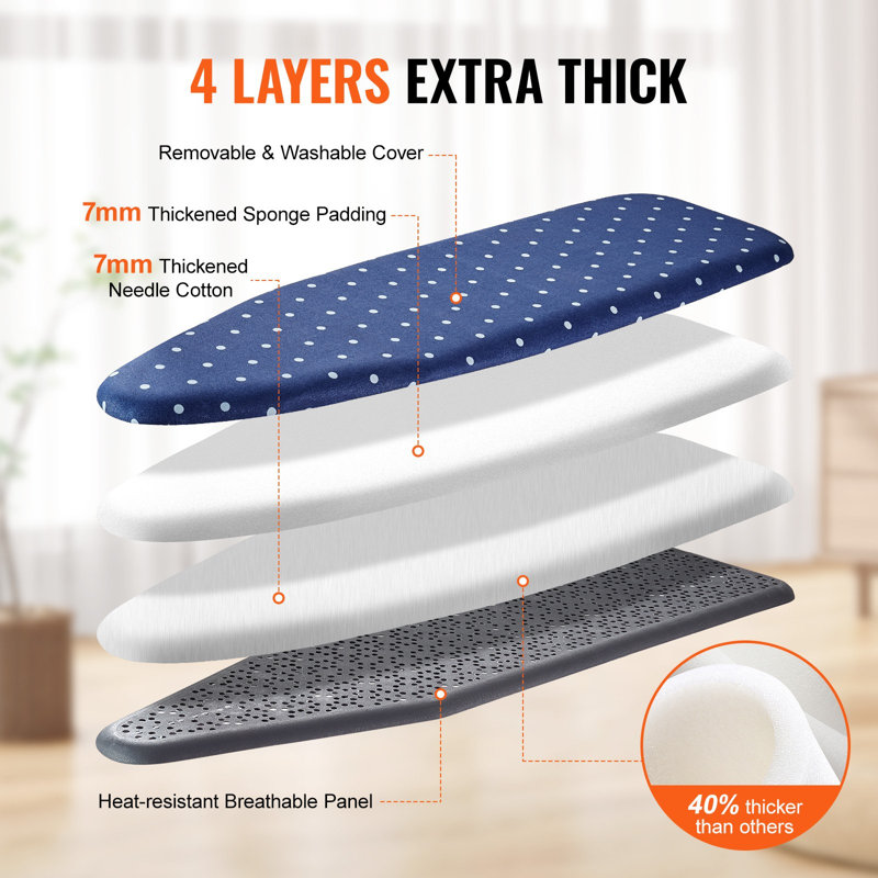 Planche à repasser avec plateau de rangement inférieur, planche à repasser épaissie à 4 couches avec housse résistante à la chaleur et housse 100% coton, planche à repasser à 10 hauteurs réglables pour la salle de lavage (taille 55 x 15)