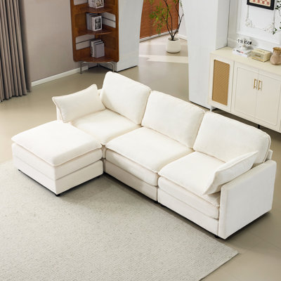 104" Cloud Comfort With 22" Beige Chenille Cushions And - Contemporary Style, Skin- Corduroy, 3 Seat, Apartment 2 Throw Pillows Medium-Soft Bedroom