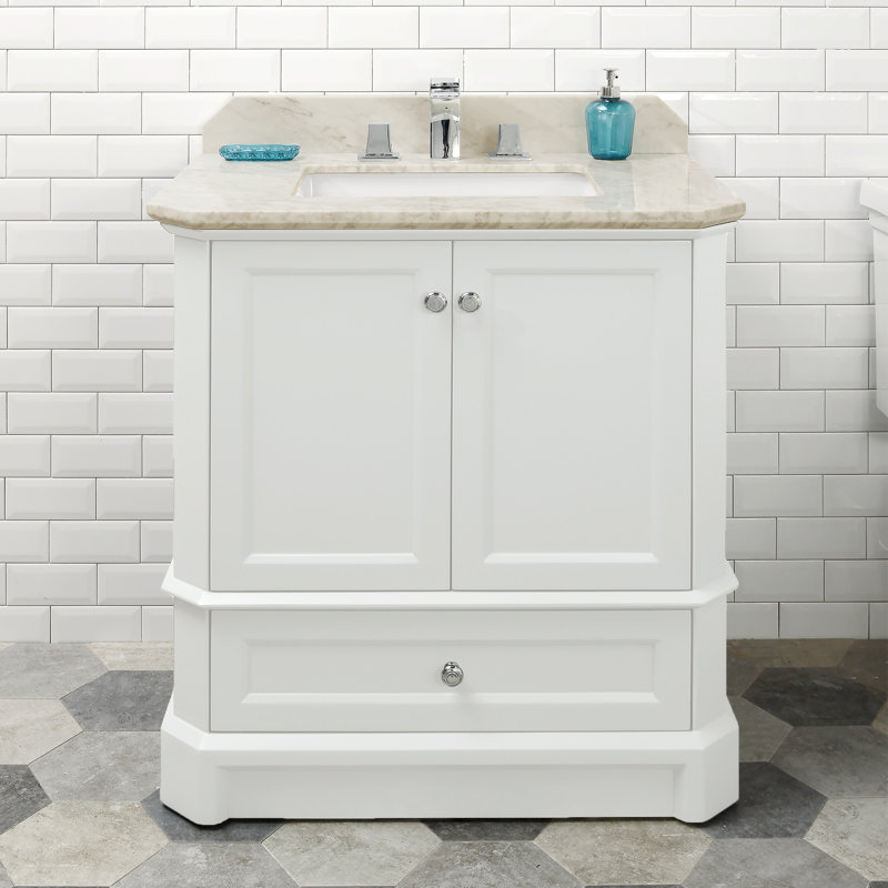 31.25'' Single Bathroom Vanity with Marble Top, White, Crema