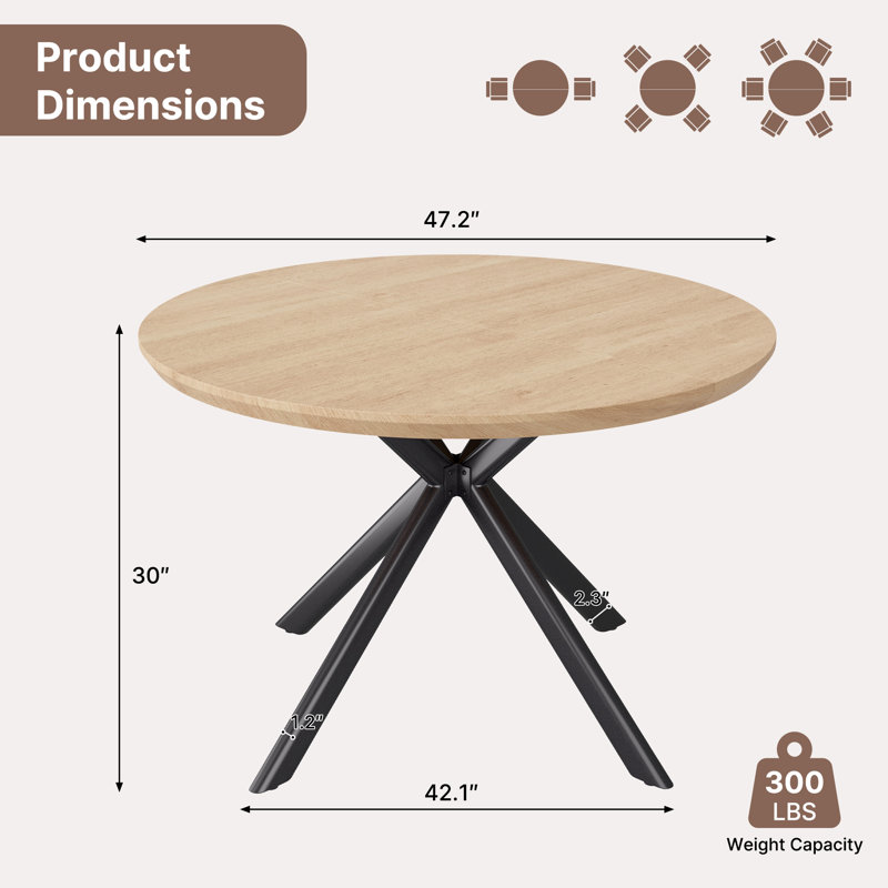 Table de salle à manger ronde avec plateau de 30 mm d'épaisseur aspect bois et pieds en métal noir, table de cuisine moderne pour 4 personnes