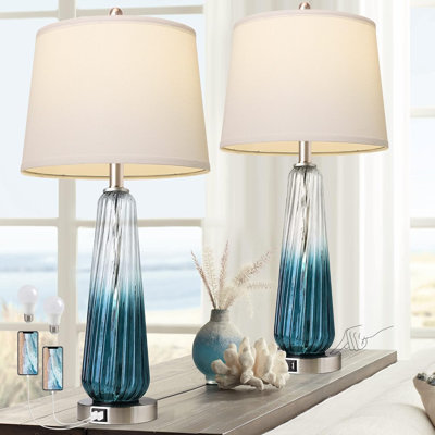 Table Lamps Set Of 2 With Touch Control, 3-Way Dimmable Modern Glass Bedside Lamps With 2 USB Ports, Nightstand Lamp With White Fabric Shade, 27.5" Large Lamps For Living Room Bedrooms Decorations