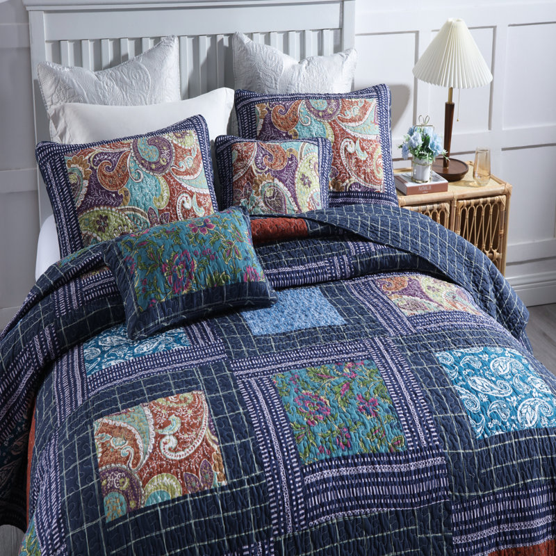 100% Cotton Floral Pattern Reversible Patchwork Quilt Set, Queen Comforter  + 2 Standard Shams, Navy Blue