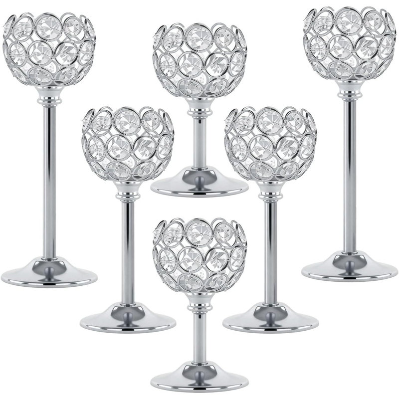 Set Of 6 Silver Crystal Candle Holders