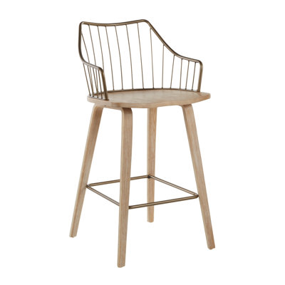 White Washed Wood Counter Stool with Antique Copper Metal Spindle Back