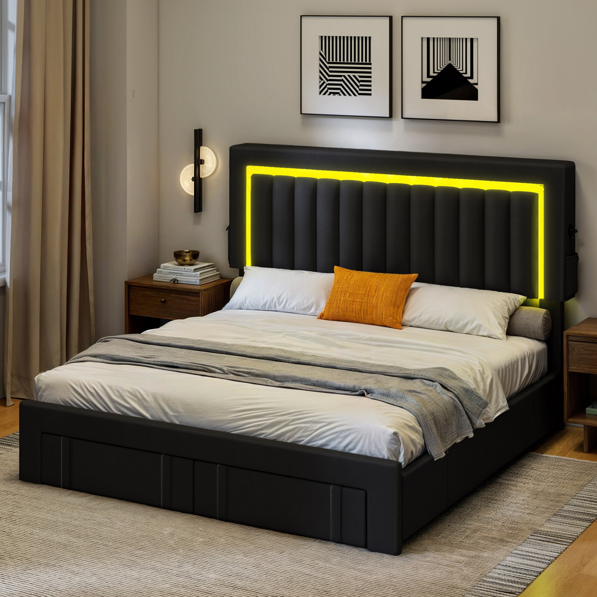 Ebern Designs Velvet Upholstered LED Bed Frame With 4 Drawers & Power ...