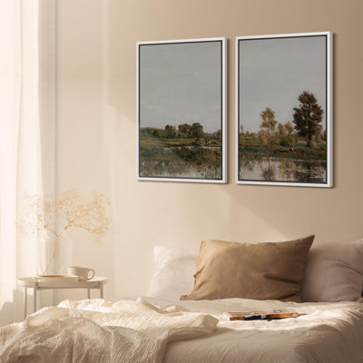 Rustic Countryside " Reflective Waterway Peaceful Nature Scene Dual " 2 - Pieces