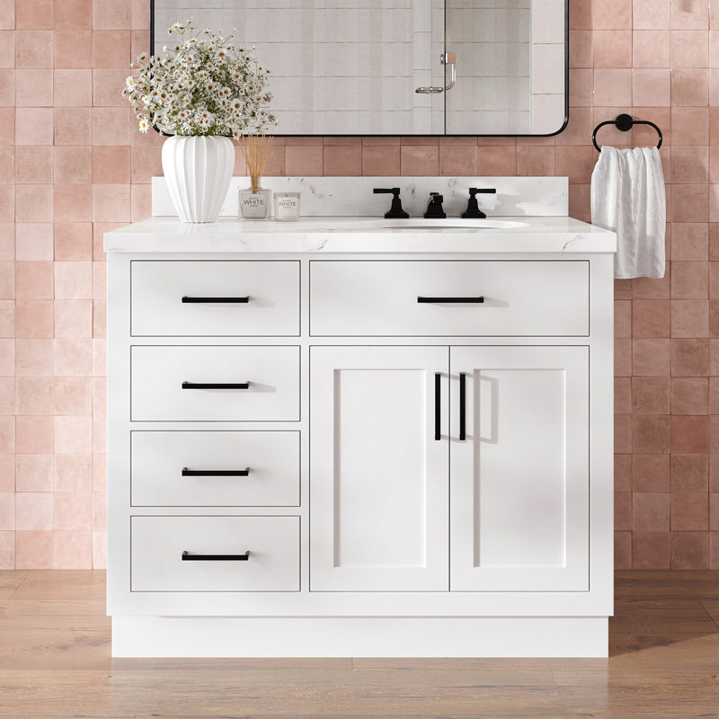 Meuble-lavabo simple en bois massif 42 po Tidworth avec plateau en quartz Carrara de 1,5 po, Blanc, Ovale, Oui