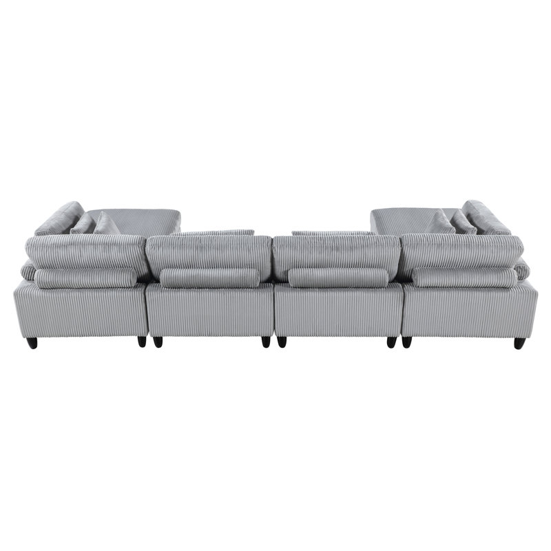 Revêtement modulaire contemporain en velours côtelé gris 6 pièces Contemporary - 2 fauteuils sans accoudoirs, sièges d'angle, repose-pieds avec coussins
