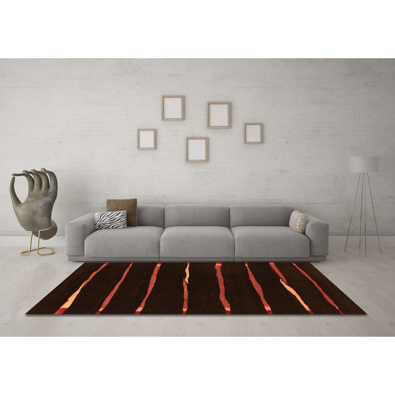 Tapis rayé orange / noir / rouge en polyester tissé à la machine Munyak, Carré 7 pi