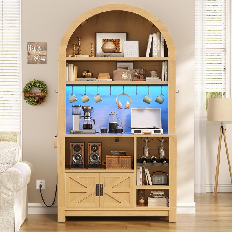 73" Tall Arched Bakers Rack, Coffee Station With Power Outlet, Natural
