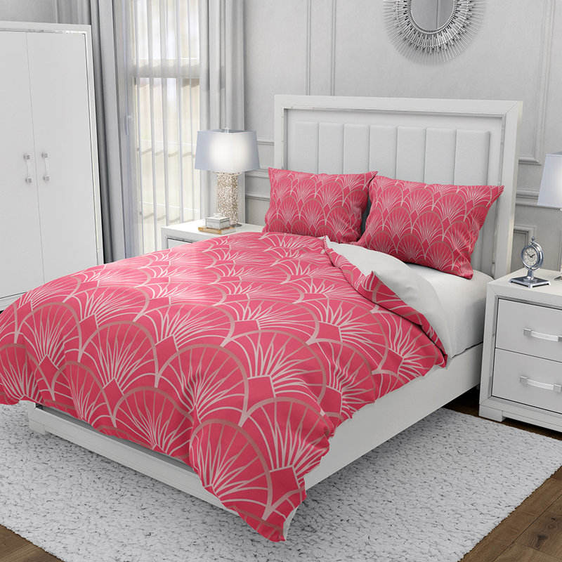 Ensemble de housse de couette en microfibre rose et blanc 3 pièces, Housse de couette pour grand lit + 2 taies décora