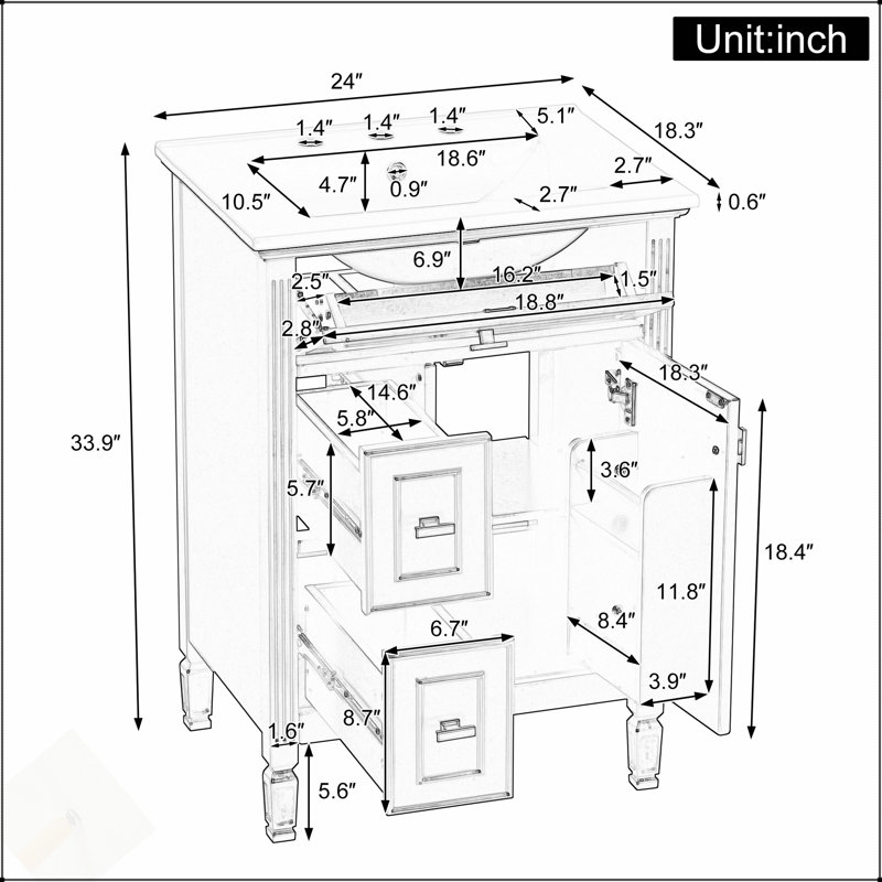 Meuble-lavabo autoportant de 24 po avec lavabo, armoire en bois massif et panneau de fibres à densité moyenne, rangement spacieux et finition noire élégante
